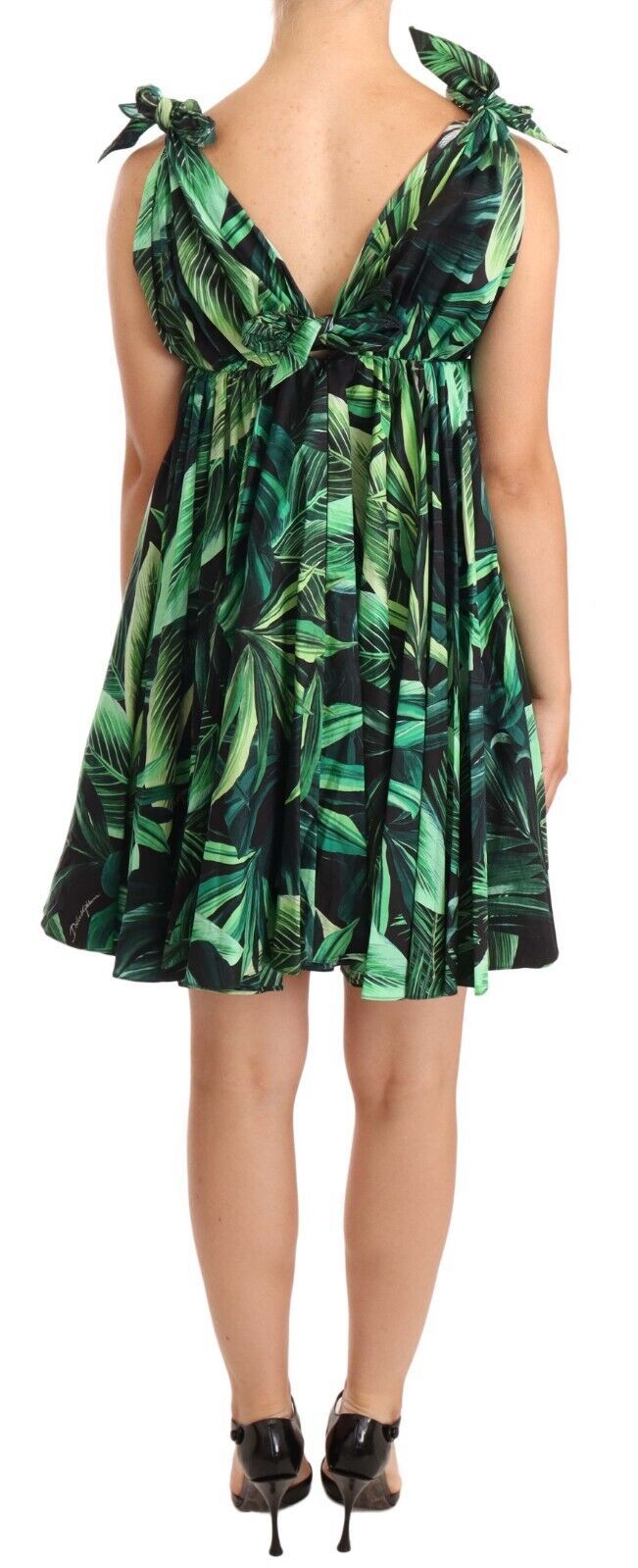  - Elegant Flared Mini A-Line Dress in Green Leaf Print