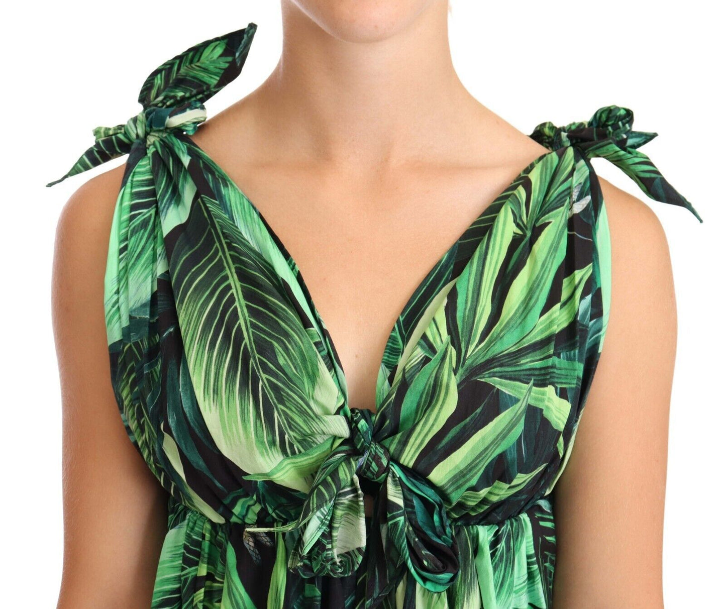  - Elegant Flared Mini A-Line Dress in Green Leaf Print