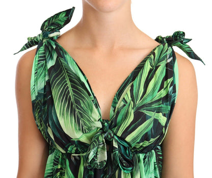  - Elegant Flared Mini A-Line Dress in Green Leaf Print