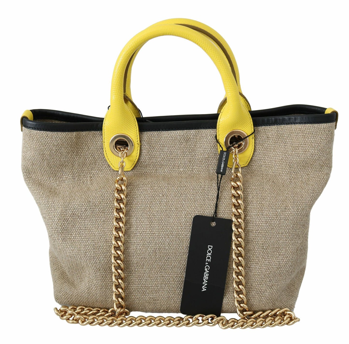  - Beige Linen-Calf Tote with Gold Chain