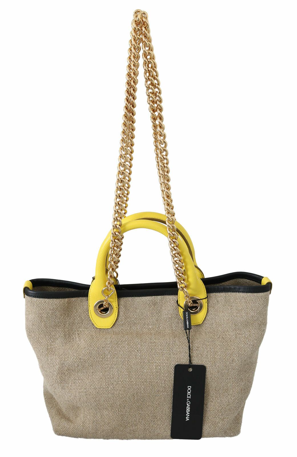  - Beige Linen-Calf Tote with Gold Chain