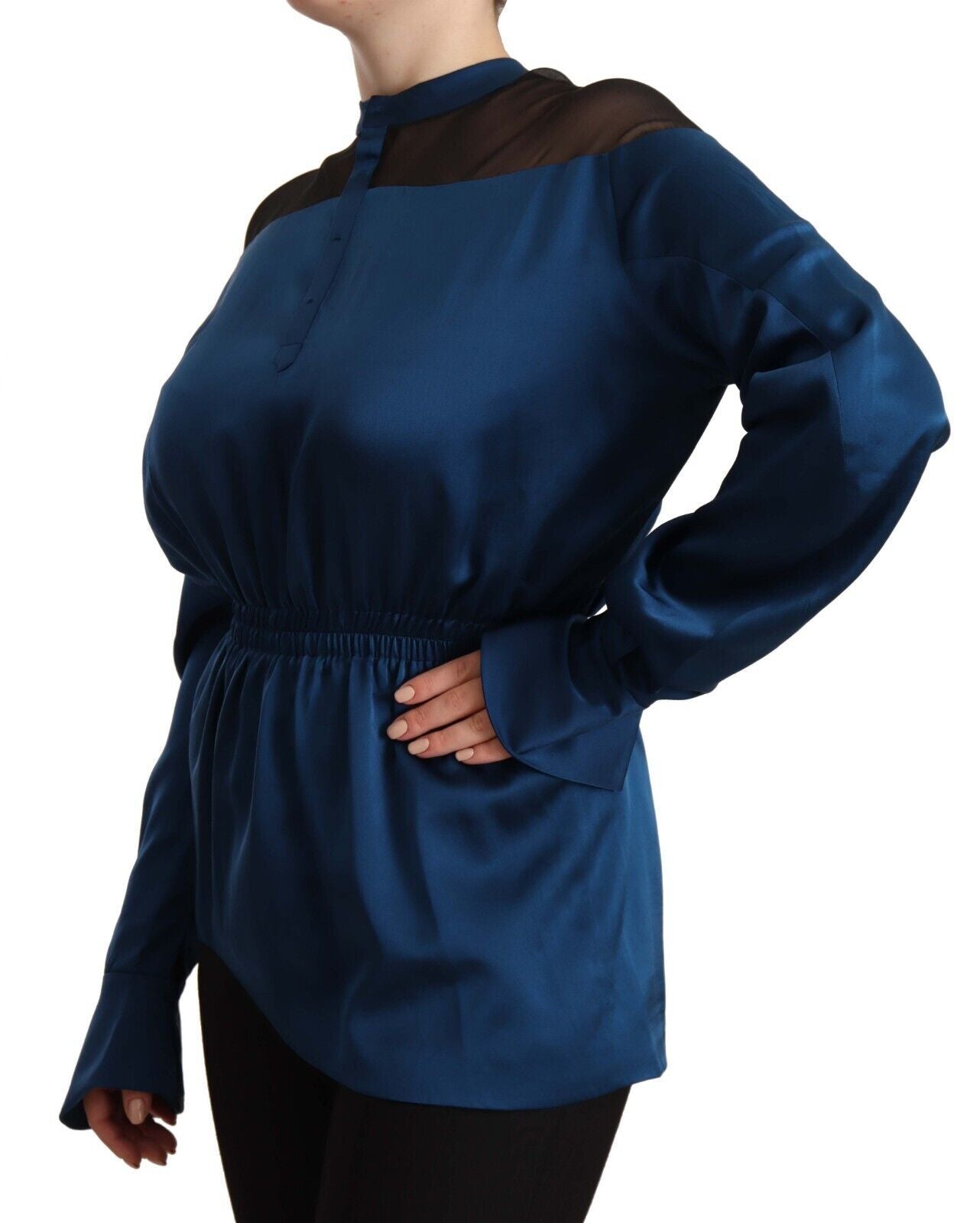  - Elegant Crew Neck Silk Blouse in Blue