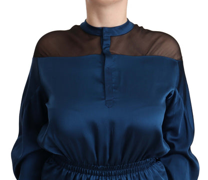  - Elegant Crew Neck Silk Blouse in Blue