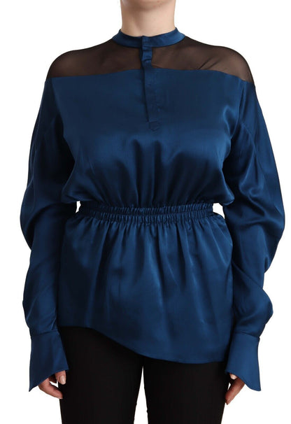  - Elegant Crew Neck Silk Blouse in Blue