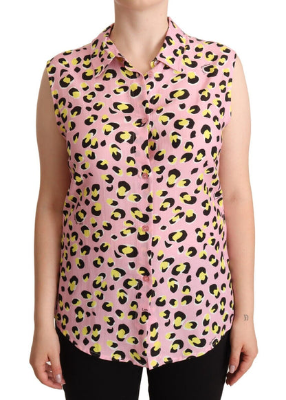  - Sleeveless Leopard Print Polo Top