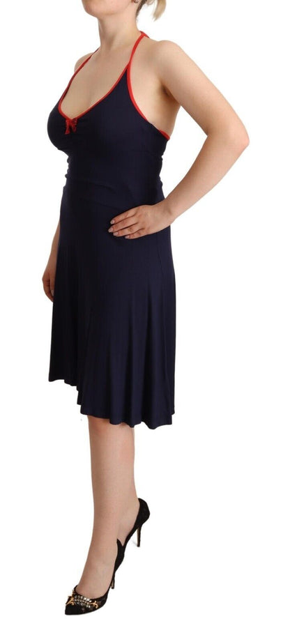  - Navy Blue Cotton Midi Halter Dress