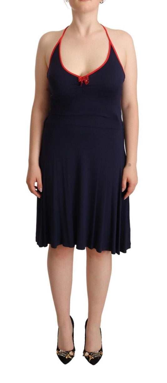  - Navy Blue Cotton Midi Halter Dress