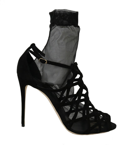  - Black Suede Tulle Ankle Boot Sandals