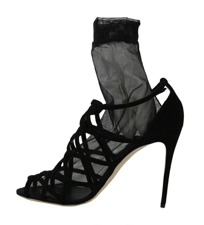  - Black Suede Tulle Ankle Boot Sandals