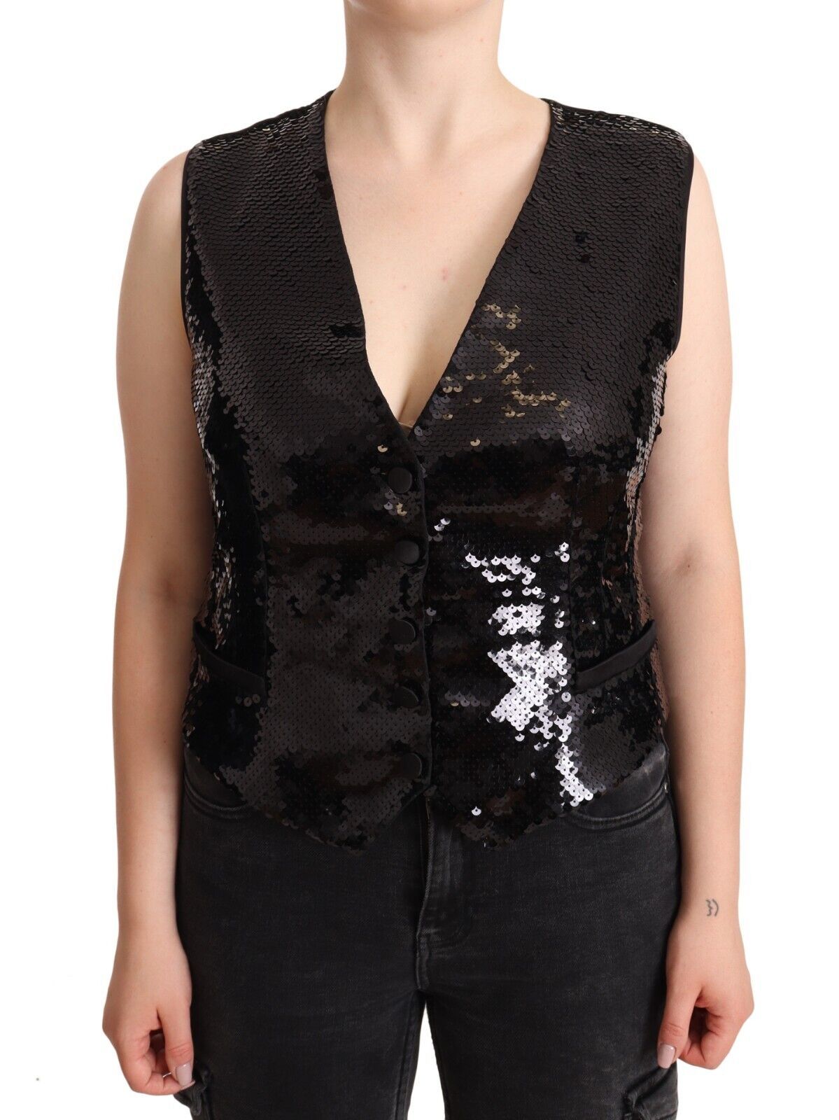  - Elegant Black Sequined Sleeveless Vest Top