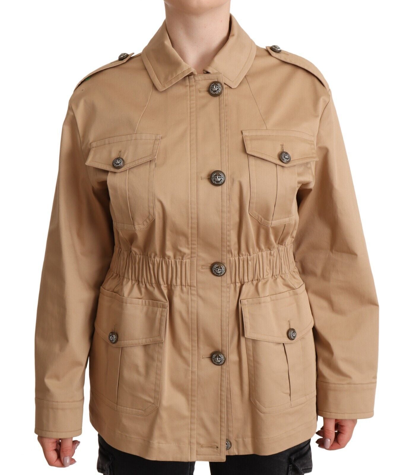  - Chic Beige Button Down Coat with Embellishments