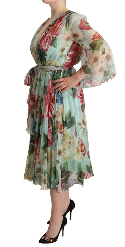  - Elegant Floral Green Midi Silk Dress