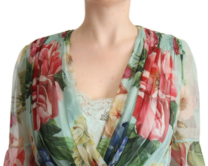  - Elegant Floral Green Midi Silk Dress