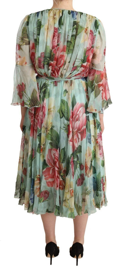  - Elegant Floral Green Midi Silk Dress