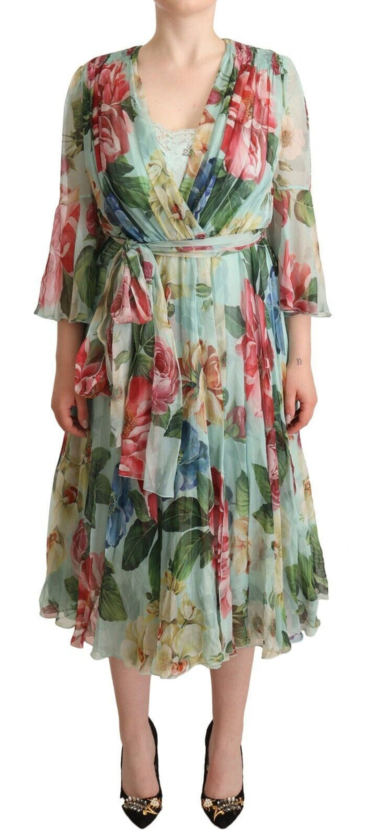  - Elegant Floral Green Midi Silk Dress