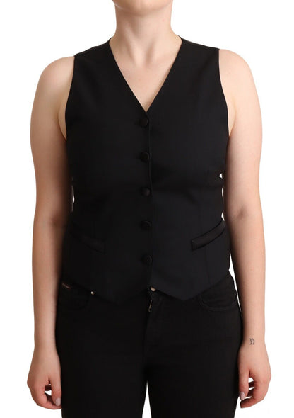  - Elegant Black Vest Top with Button Detail