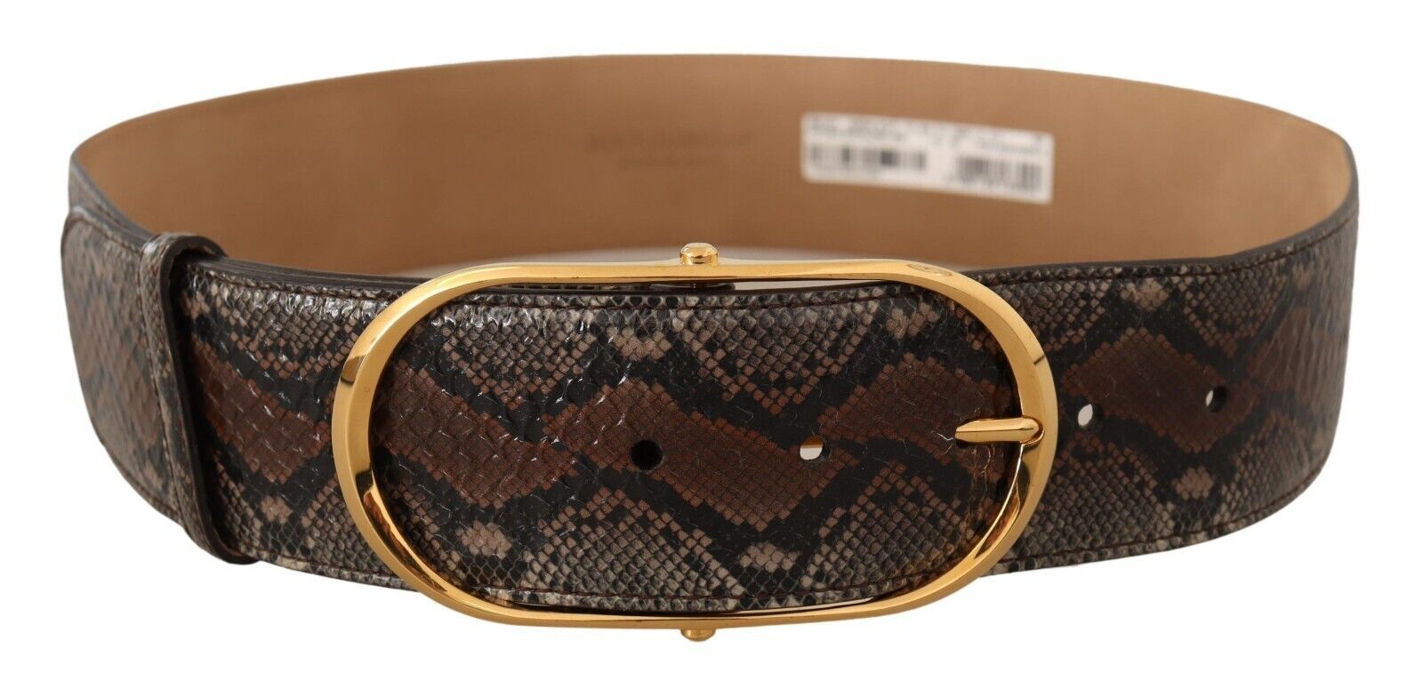 Brown Snakeskin Print Leather Belt with Gold Buckle