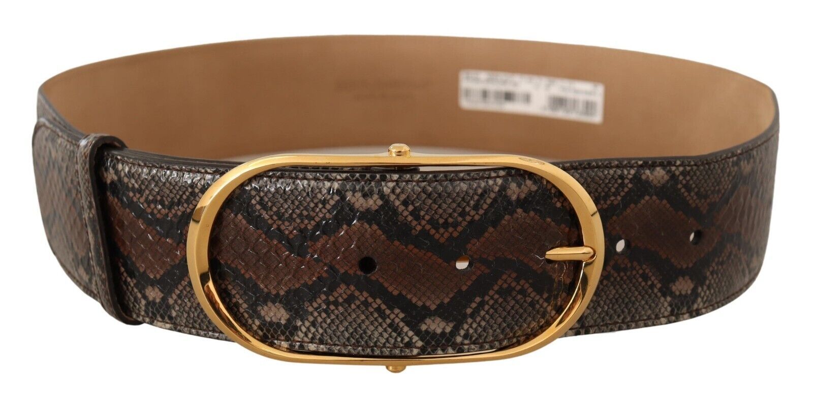 Brown Snakeskin Print Leather Belt with Gold Buckle