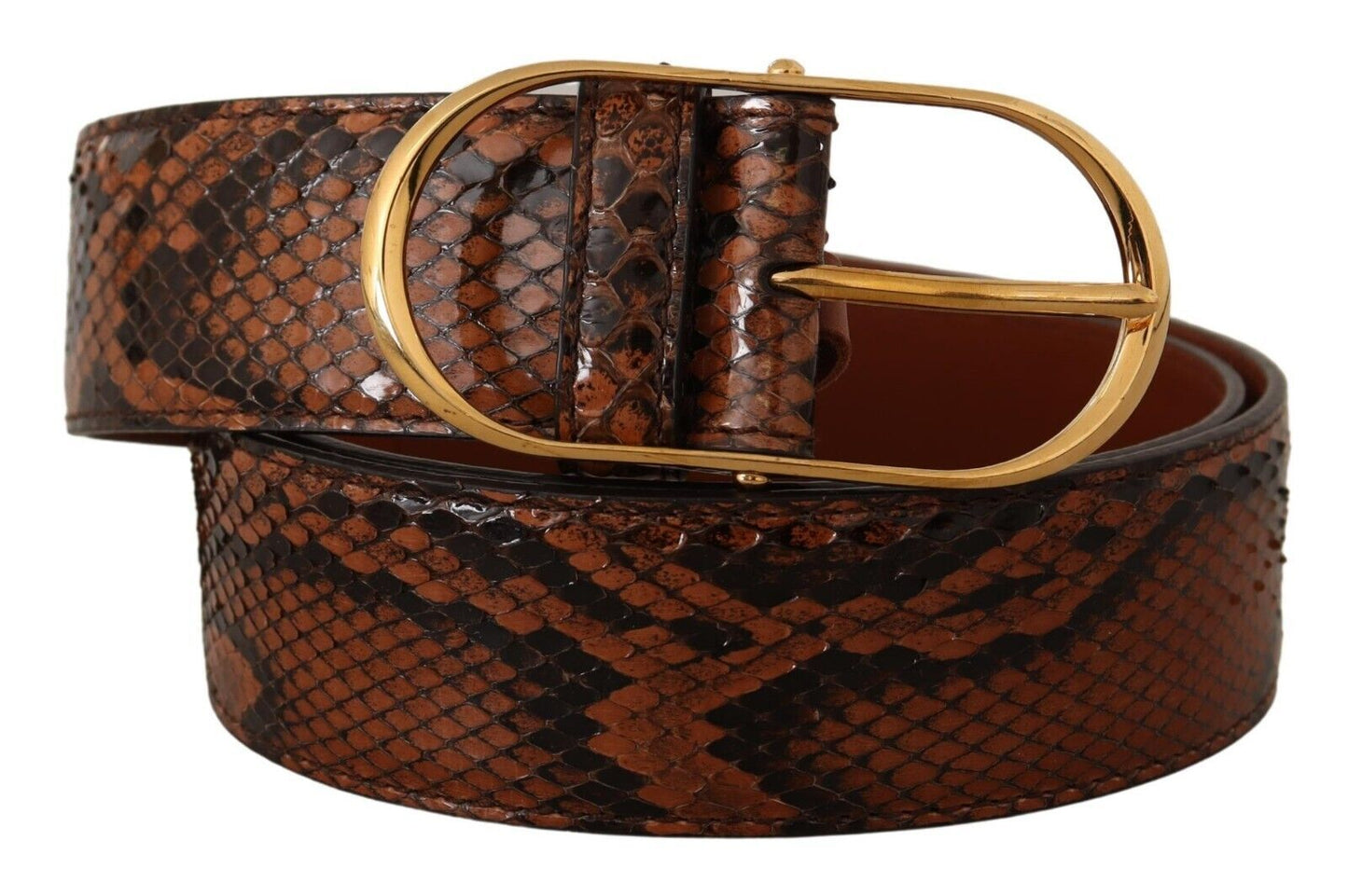  - Brown Snakeskin Print Leather Belt with Gold Buckle