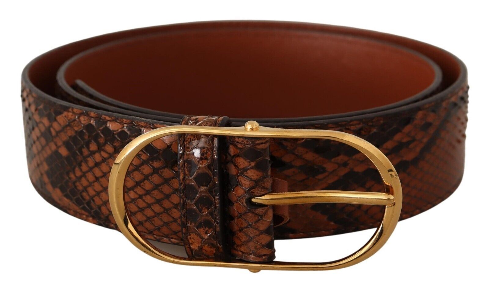 Brown Snakeskin Print Leather Belt with Gold Buckle