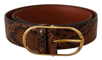  - Brown Snakeskin Print Leather Belt with Gold Buckle