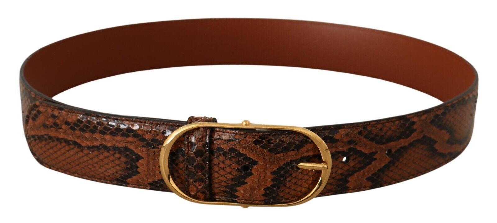 Brown Snakeskin Print Leather Belt with Gold Buckle