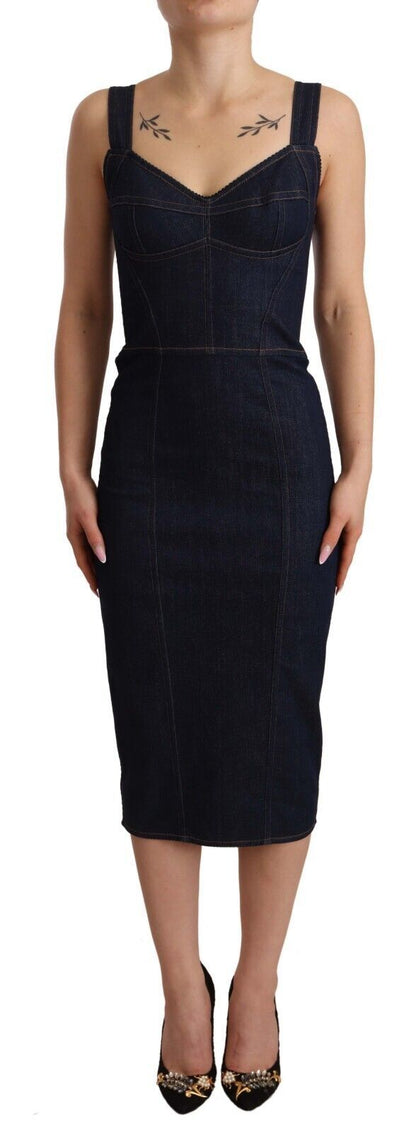  - Elegant Dark Blue Denim Sheath Midi Dress