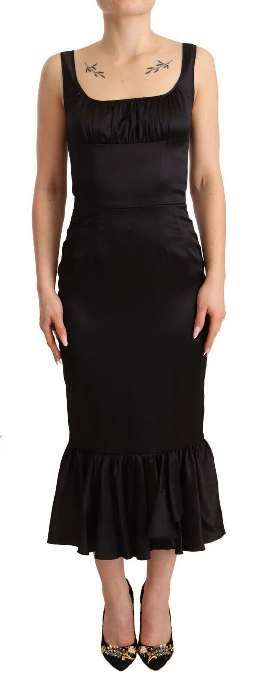  - Elegant Black Silk Midi Sheath Dress