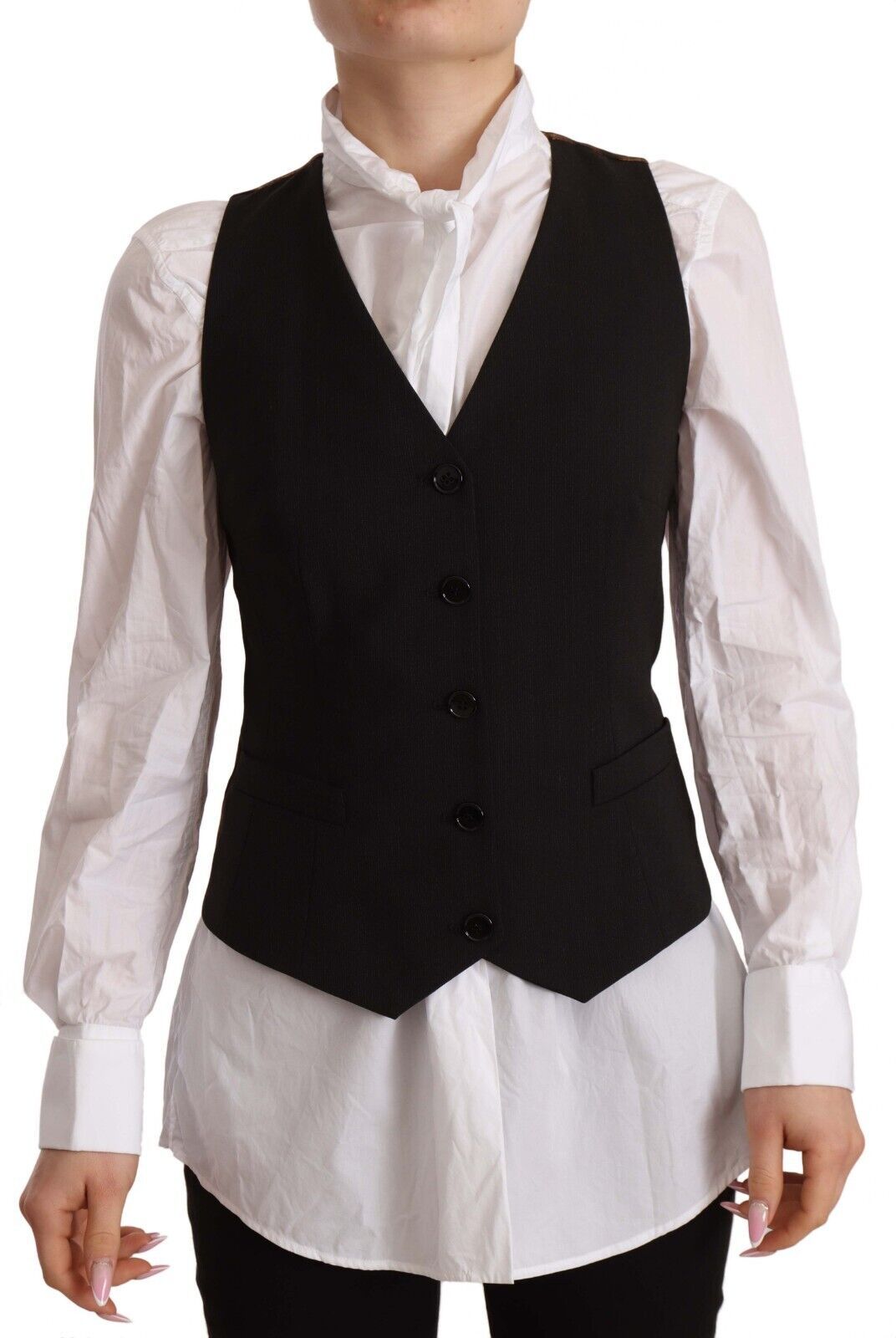  - Elegant Black Buttoned Vest Top