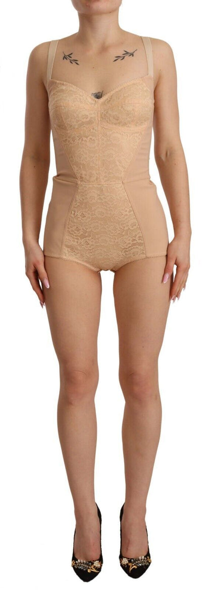  - Beige Lace Panel Stretch Bodysuit