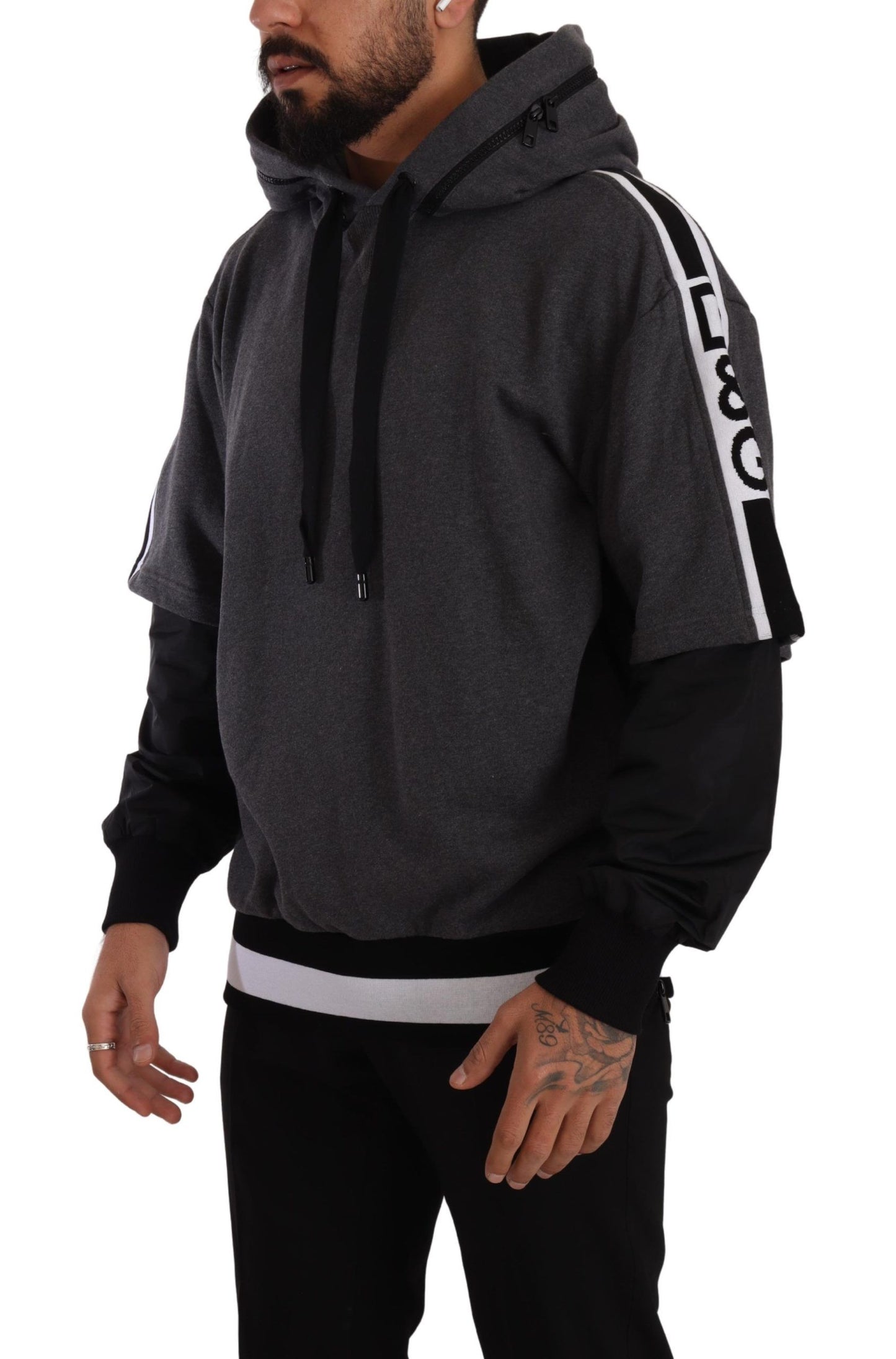  - Elegant Hooded Black & Gray Pullover Sweatshirt