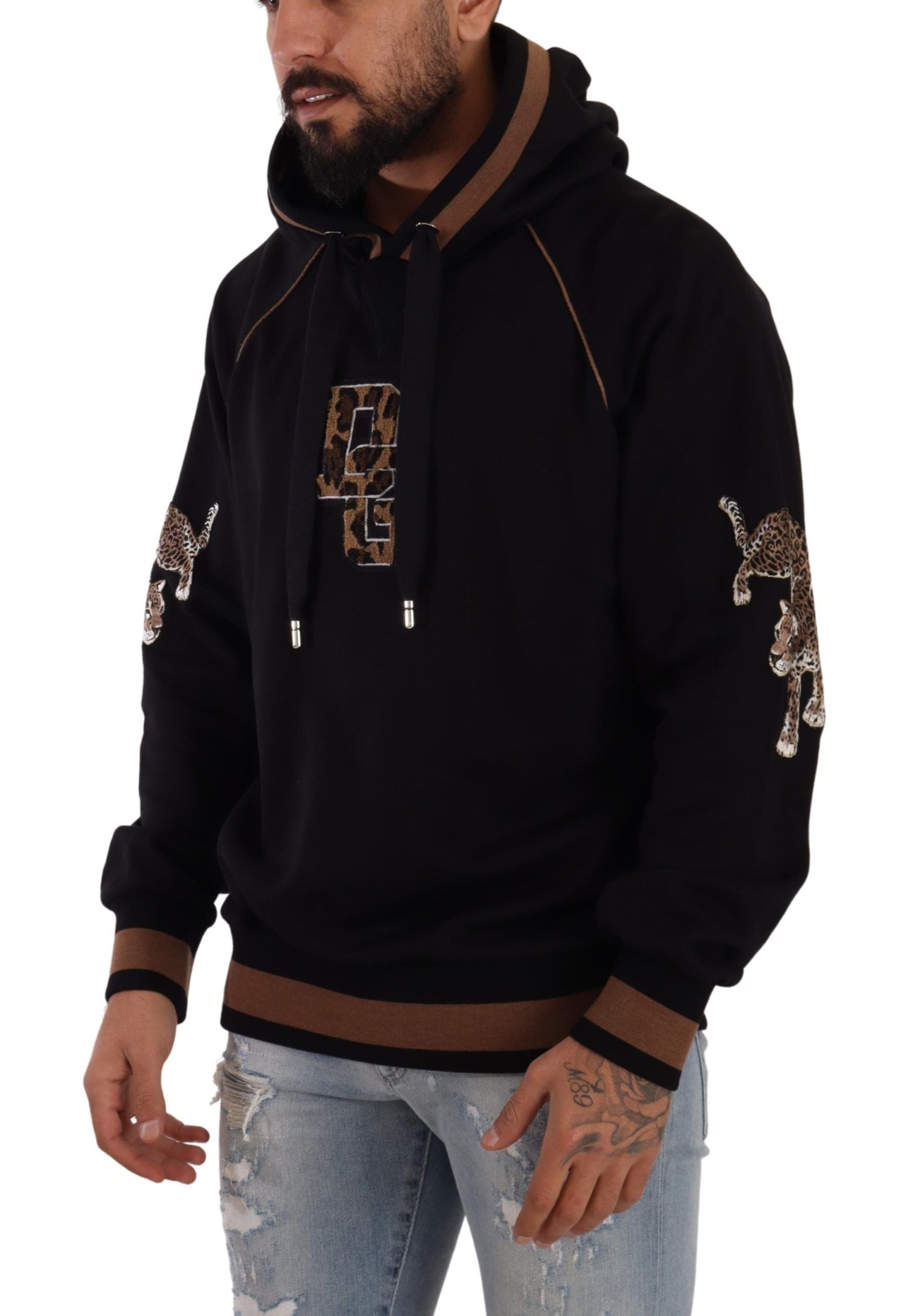 Black Leopard Motif Hooded Sweatshirt