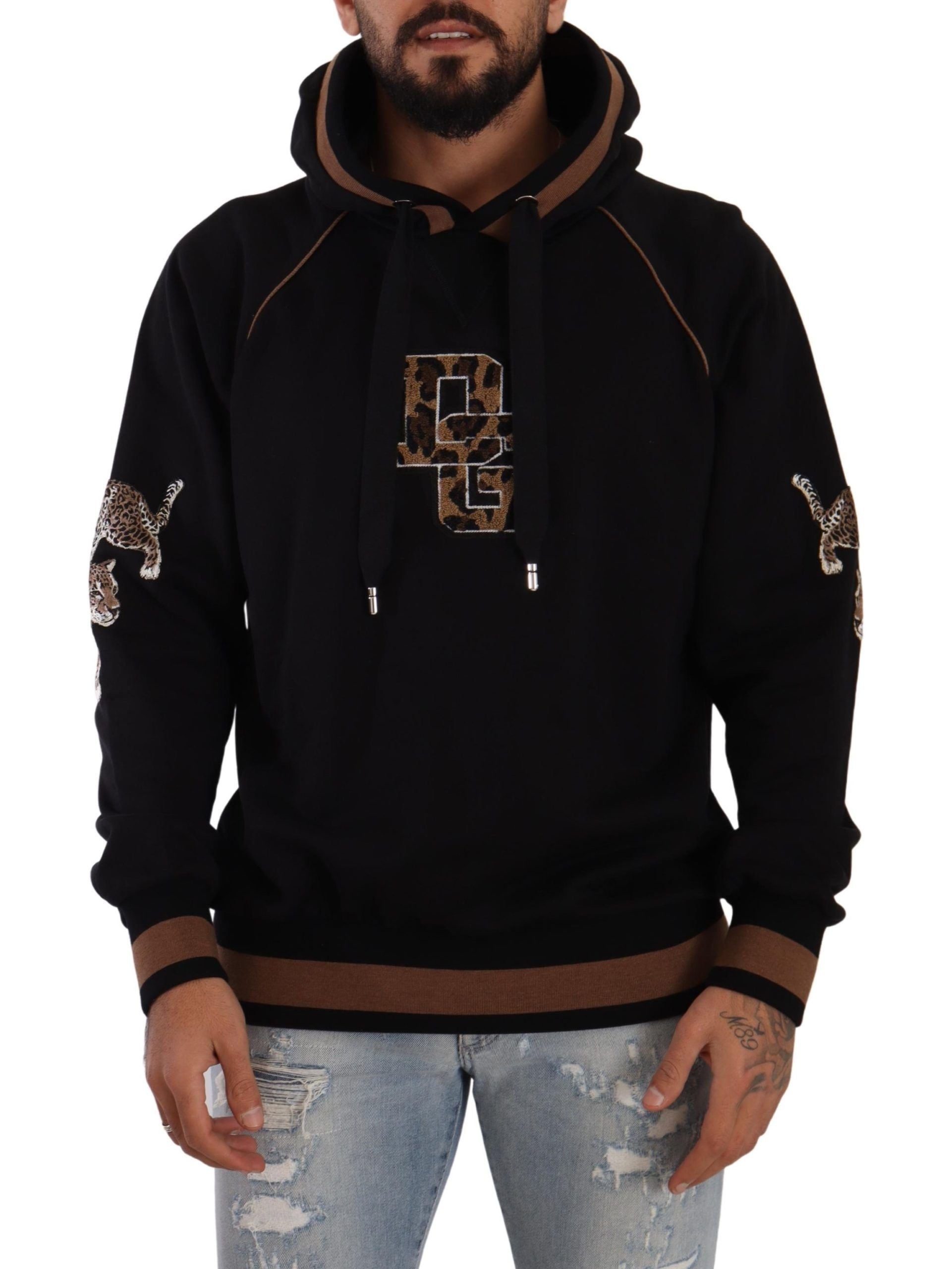 Black Leopard Motif Hooded Sweatshirt