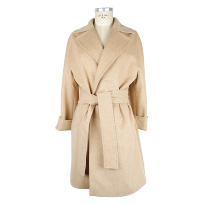  - Elegant Beige Wool Coat with Waist Belt