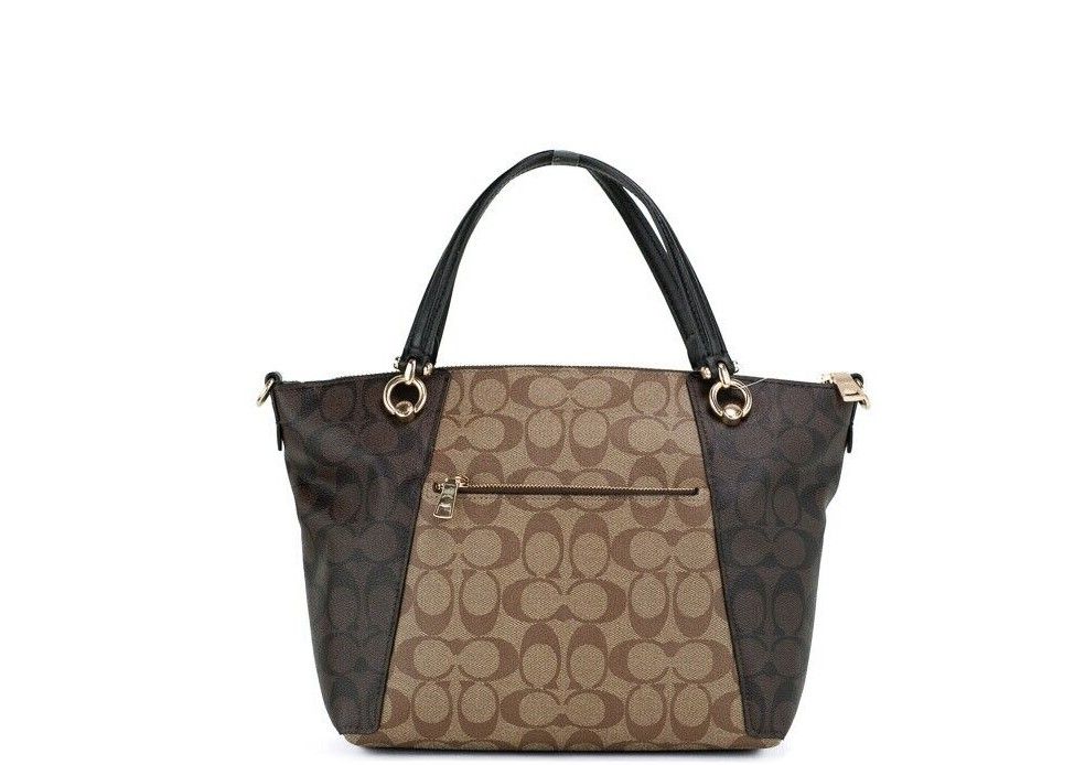  - Kacey Khaki Brown Blocked Signature Canvas Top Zip Satchel Handbag