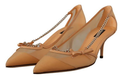  - Elegant Beige Mesh Pumps with Silver Chains