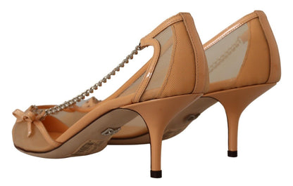  - Elegant Beige Mesh Pumps with Silver Chains