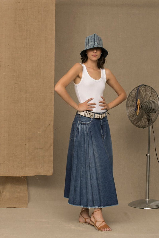  - Chic Blue Denim Pleated Skirt