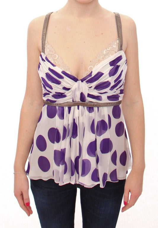  - Elegant Polka Dotted Silk Blouse with Leather Detailing