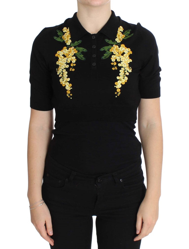  - Elegant Black Silk Floral Polo Top