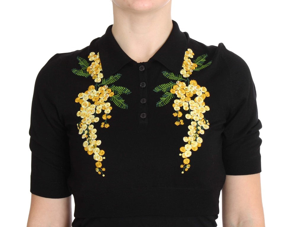  - Elegant Black Silk Floral Polo Top