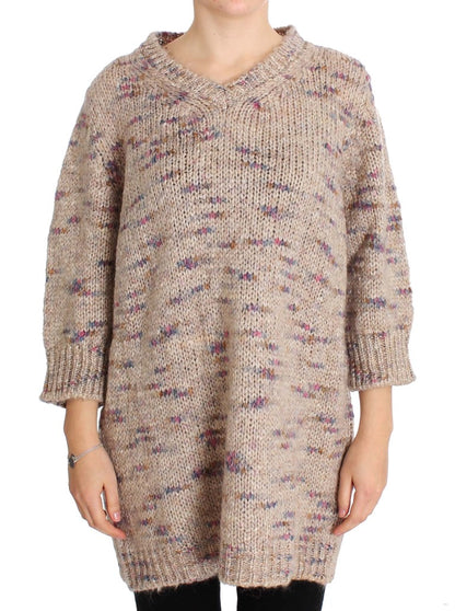  - Beige Oversized V-Neck Knitted Sweater