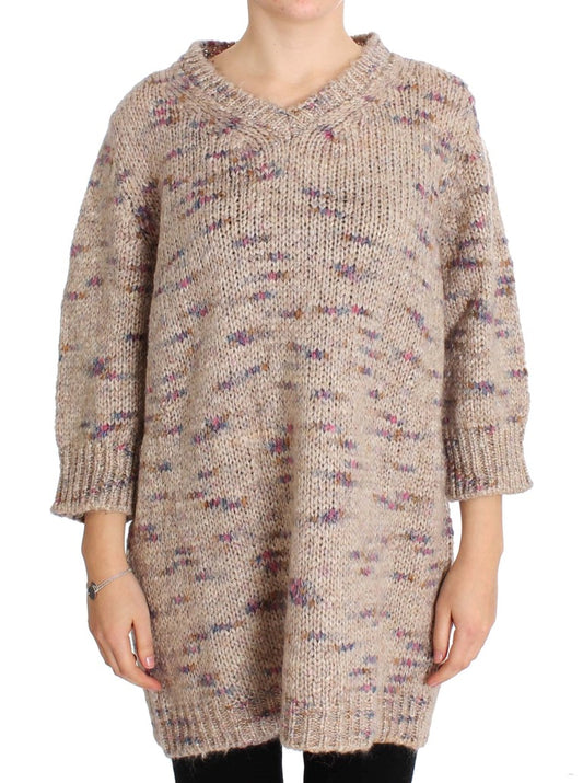  - Beige Oversized V-Neck Knitted Sweater