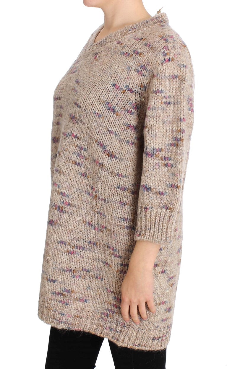  - Beige Oversized V-Neck Knitted Sweater