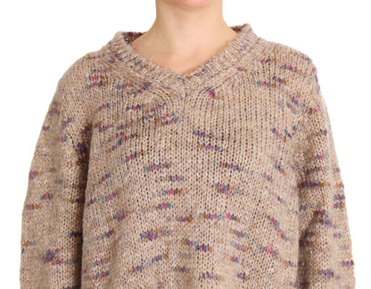  - Beige Oversized V-Neck Knitted Sweater