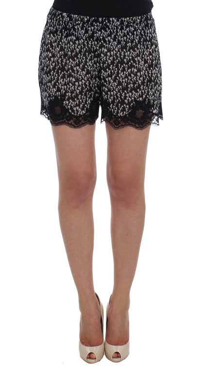  - Elegant Black & White Floral Lace Silk Shorts