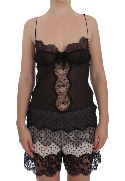  - Elegant Black Silk Lace Lingerie Chemise