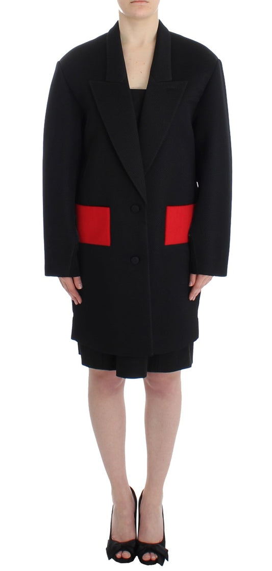  - Elegant Draped Long Coat in Black with Red Accents