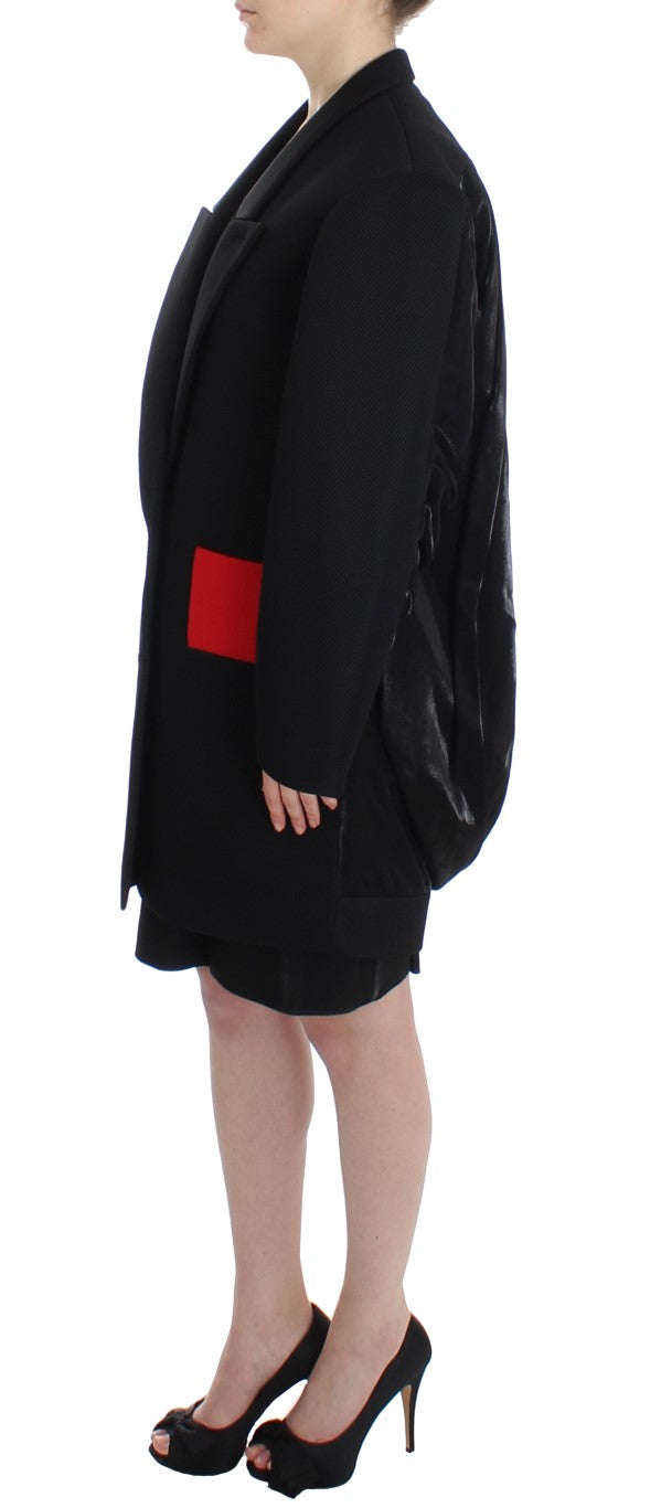  - Elegant Draped Long Coat in Black with Red Accents