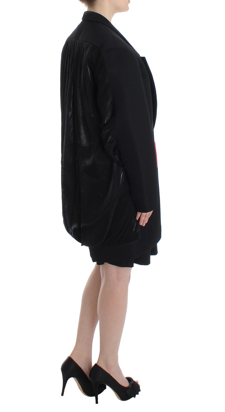  - Elegant Draped Long Coat in Black with Red Accents